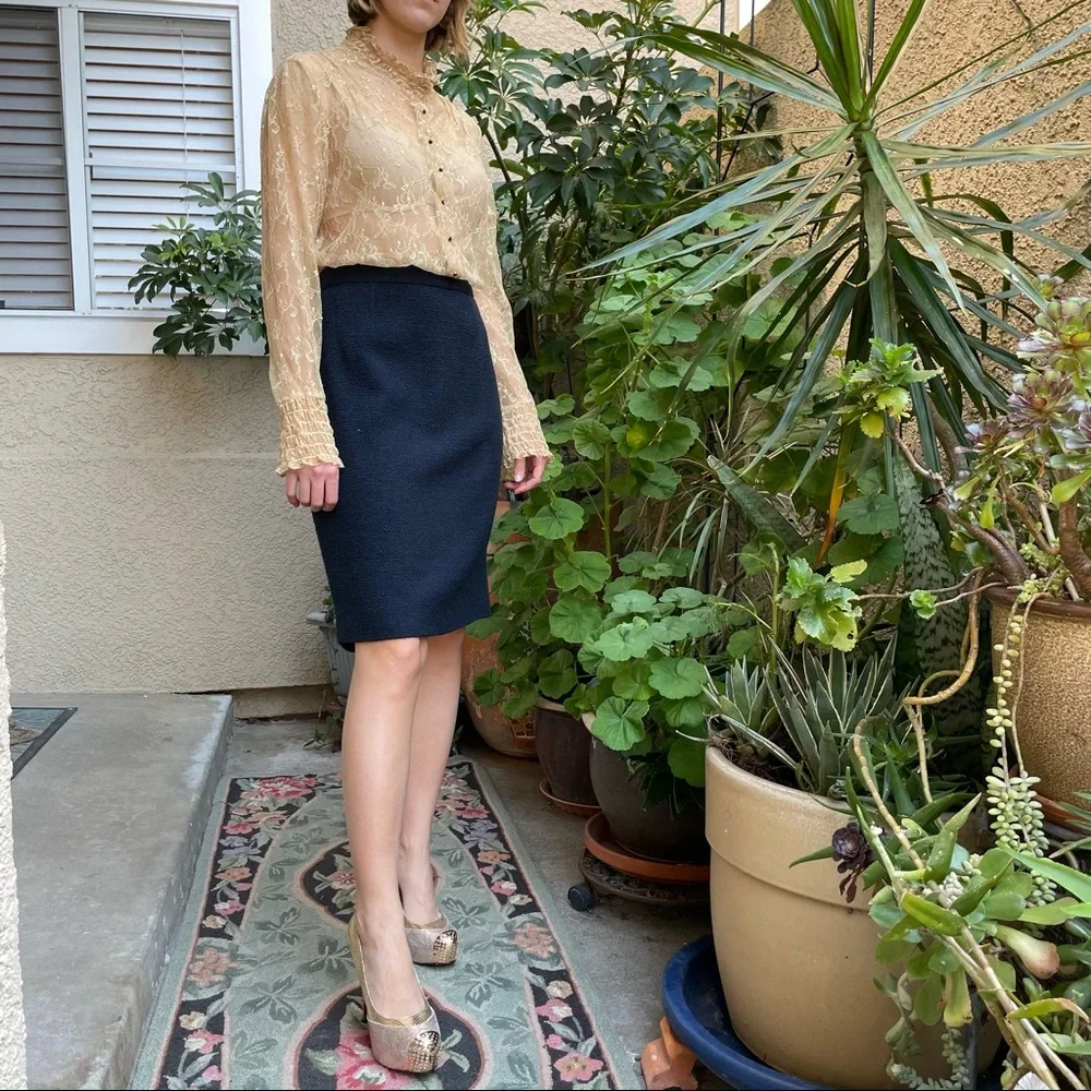 Vintage navy blue Chanel wool pencil skirt with original Chanel hanger